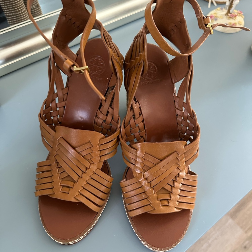 TORY BURCH "Pecha" Woven Leather & Jute Heels
